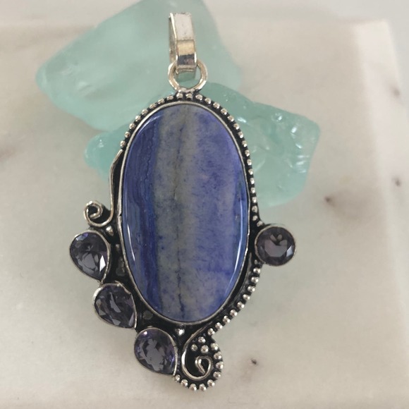 Hand Crafted Jewelry - 925 Sterling Blue Dendrite & Amethyst Pendant